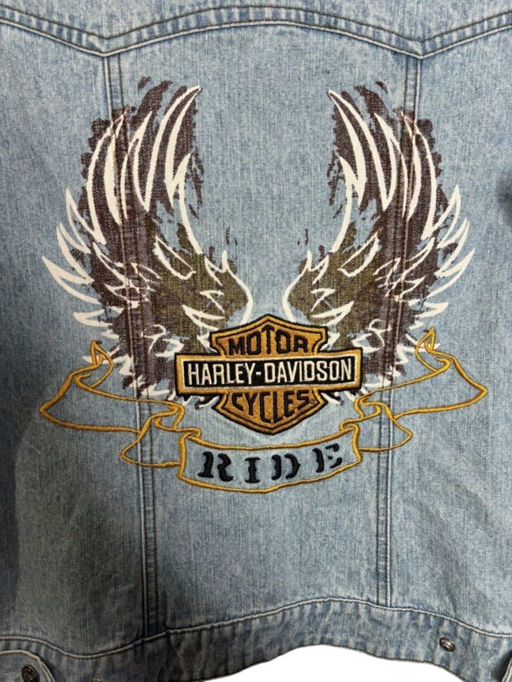 VTG Harley-Davidson Embroidered Denim Jacket Leather Fringe Button Front Small - Picture 8 of 11
